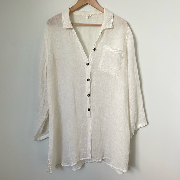 Kleen 100% Linen Button Down Tunic Long Sleeve Top Cream Lagenlook Size Medium - Picture 1 of 9